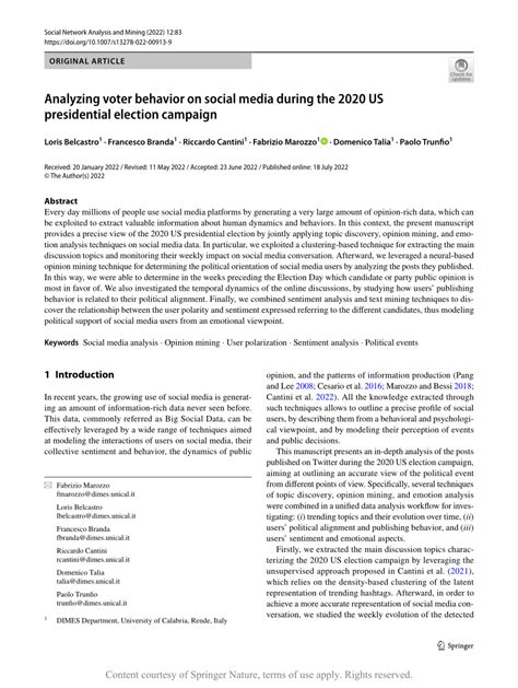 Analyzing Voter Behavior On Social Media During The 2020 Us Presidential Election Campaign Social Network Analysis And Mining Analyzing Voter Behavior On Social Media During The 2020 Us Presidential Election Campaign Social Network Analysis And Mining