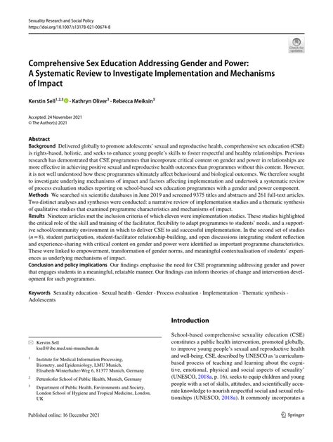 Comprehensive Sex Education Addressing Gender And Power A Systematic Review To Investigate Implementation And Mechanisms Of Impact Sexuality Research And Social Policy Comprehensive Sex Education Addressing Gender And Power A Systematic Review To Investigate Implementation And Mechanisms Of Impact Sexuality Research And Social Policy