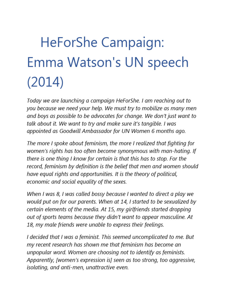 Emma Watson Un Feminism Speech Hello