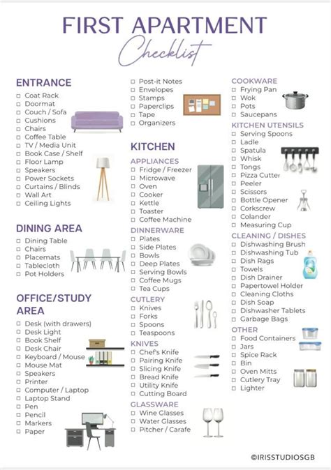 First Apartment Checklist Extensive Etsy