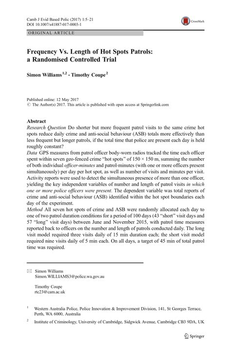 Frequency Vs Length Of Hot Spots Patrols A Randomised Controlled Trial Cambridge Journal Of Evidence Based Policing Frequency Vs Length Of Hot Spots Patrols A Randomised Controlled Trial Cambridge Journal Of Evidence Based Policing