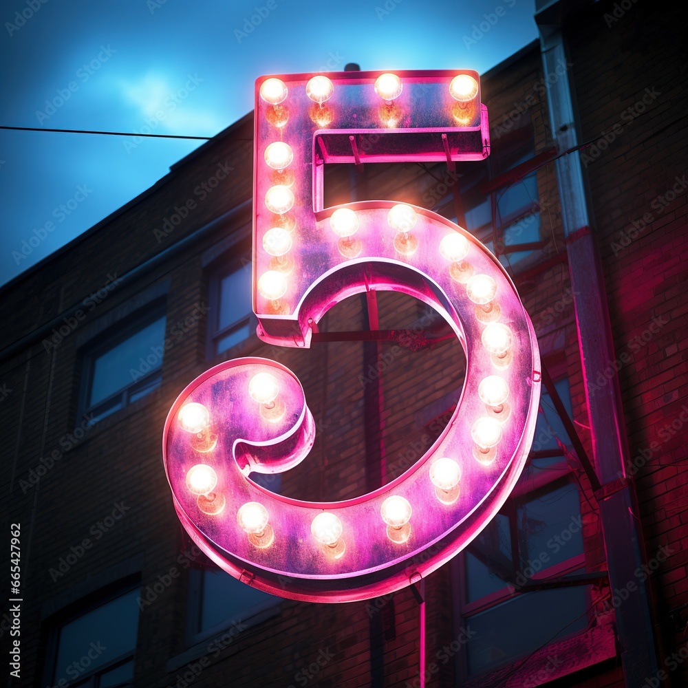 Number 5 Five Futuristic Neon Font Digital Glowing Symbol Logo On