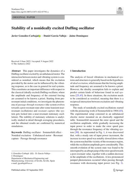 Stability Of A Nonideally Excited Duffing Oscillator Nonlinear Dynamics